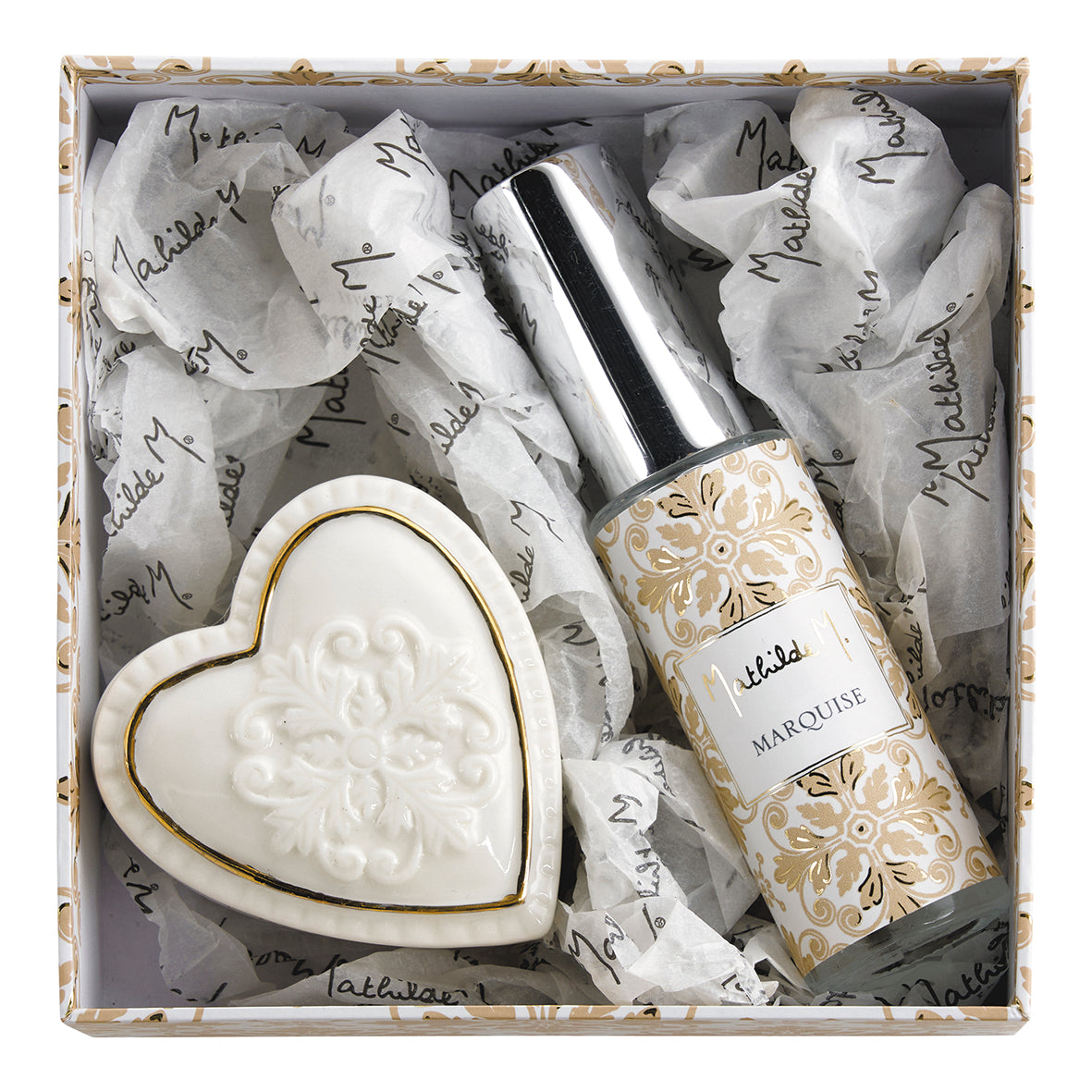 Cofanetto con cuore in ceramica e spray per ambienti e tessuti